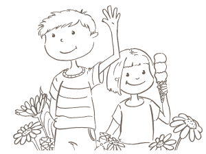 Strichzeichnung von zwei Kindern, einem Jungen und ein Mädchen. Beide laufen durch Blumen und grinsen. Der Junge winkt. Das Mädchen hat ein Eis mit drei Kugeln in der Hand.